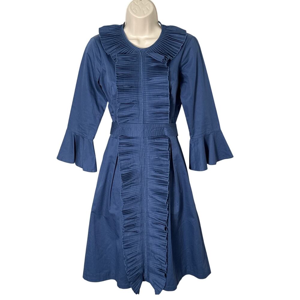 Miri New York Vintage Ruffle Front Knee Length Blue‎ Bell Sleeve Dress Size 2